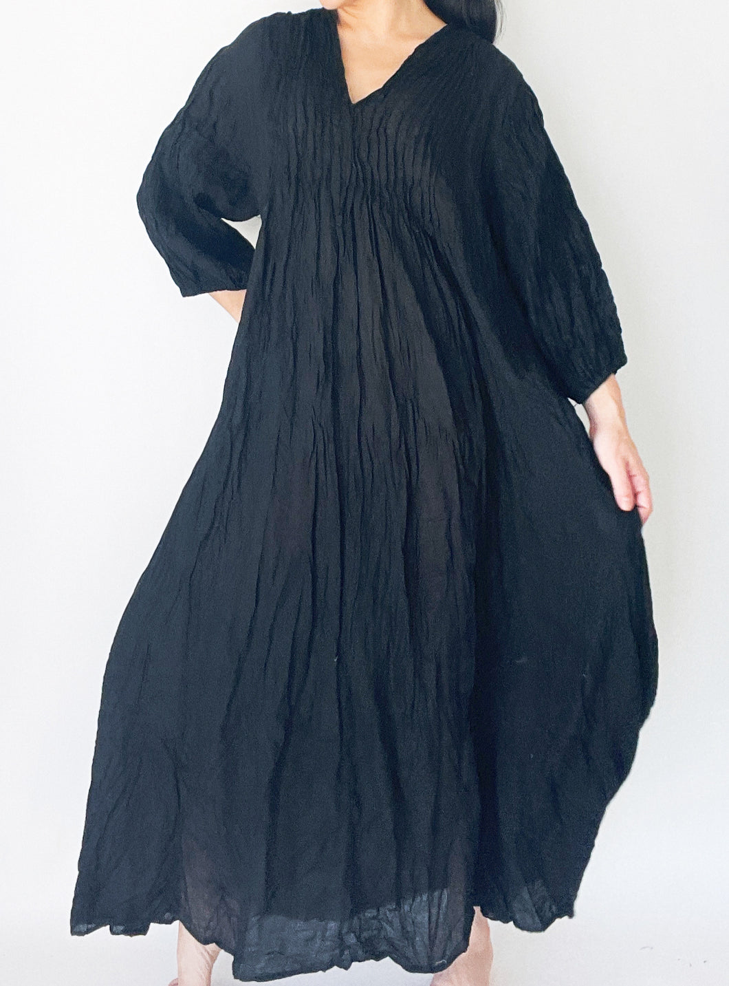 Puff Sleeve Pleated Dress with Pockets