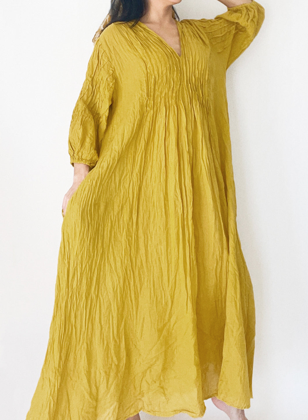 Puff Sleeve Pleated Dress with Pockets