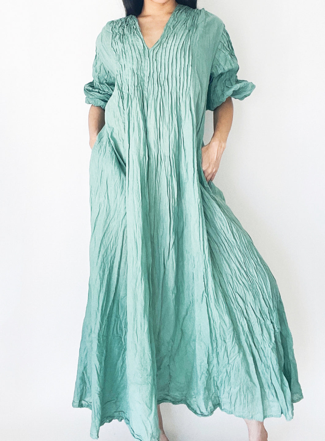 Puff Sleeve Pleated Dress with Pockets